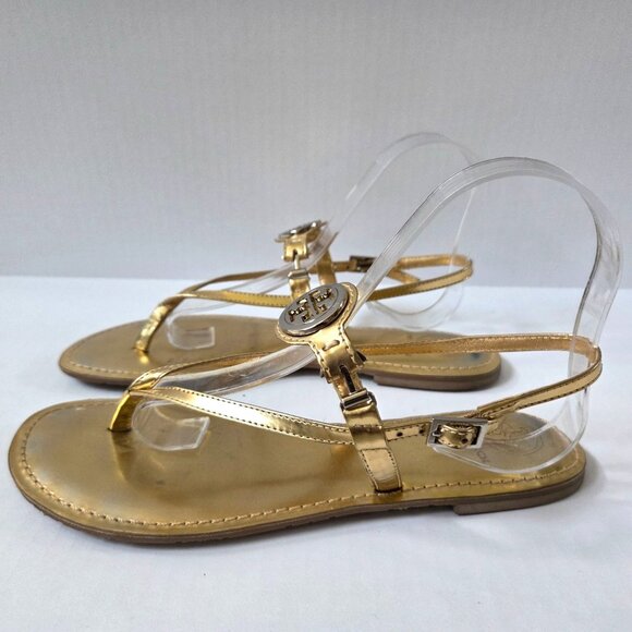 Tory Burch Ali Sandals Womens 8.5 Metallic Gold Leather Ankle Strap Thongs - Picture 2 of 10